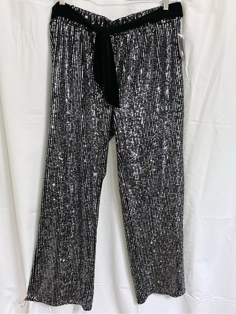 Black Sequin Wide-Leg Pull-On Pants